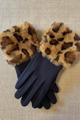 Navy and Leopard Print Trim Gloves