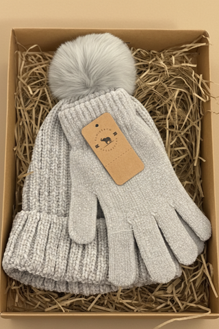 Grey PomPom Hat and Glove Set