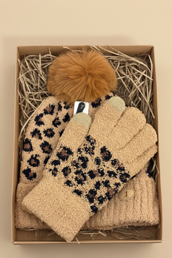 Leopard Print pompom hat and gloves set