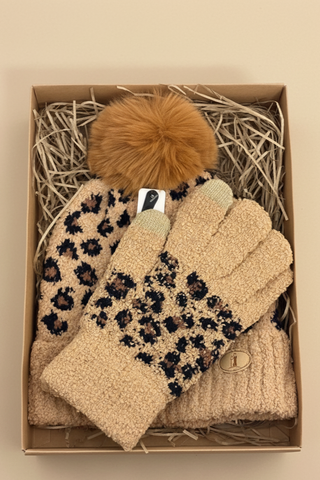 Leopard Print pompom hat and gloves set