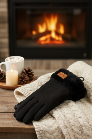 Faux Fur Trim Gloves > Black