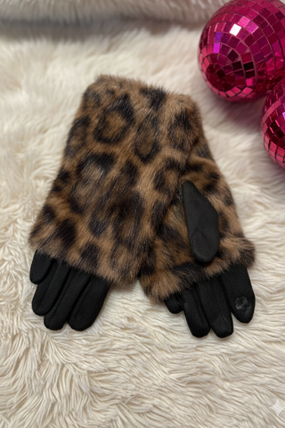 Faux Fur Leopard Print Gloves