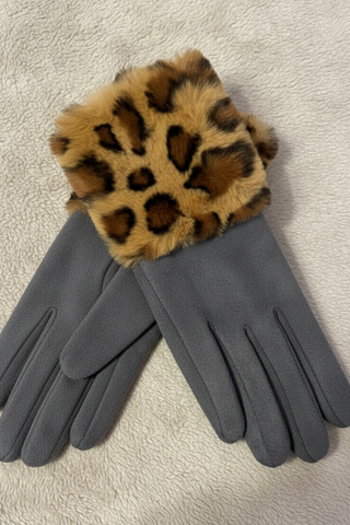 Grey and Leopard Print Trim Gloves