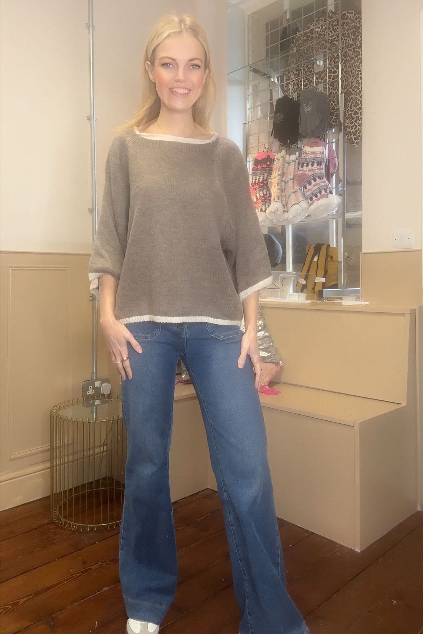 Three Quarter Length Trim Knit Jumper / Oatmeal