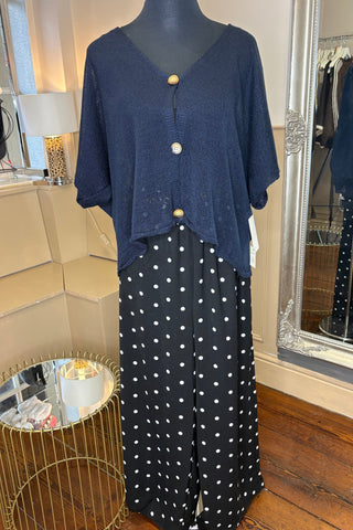 Polka Dot Trousers and Navy Knit cardigan