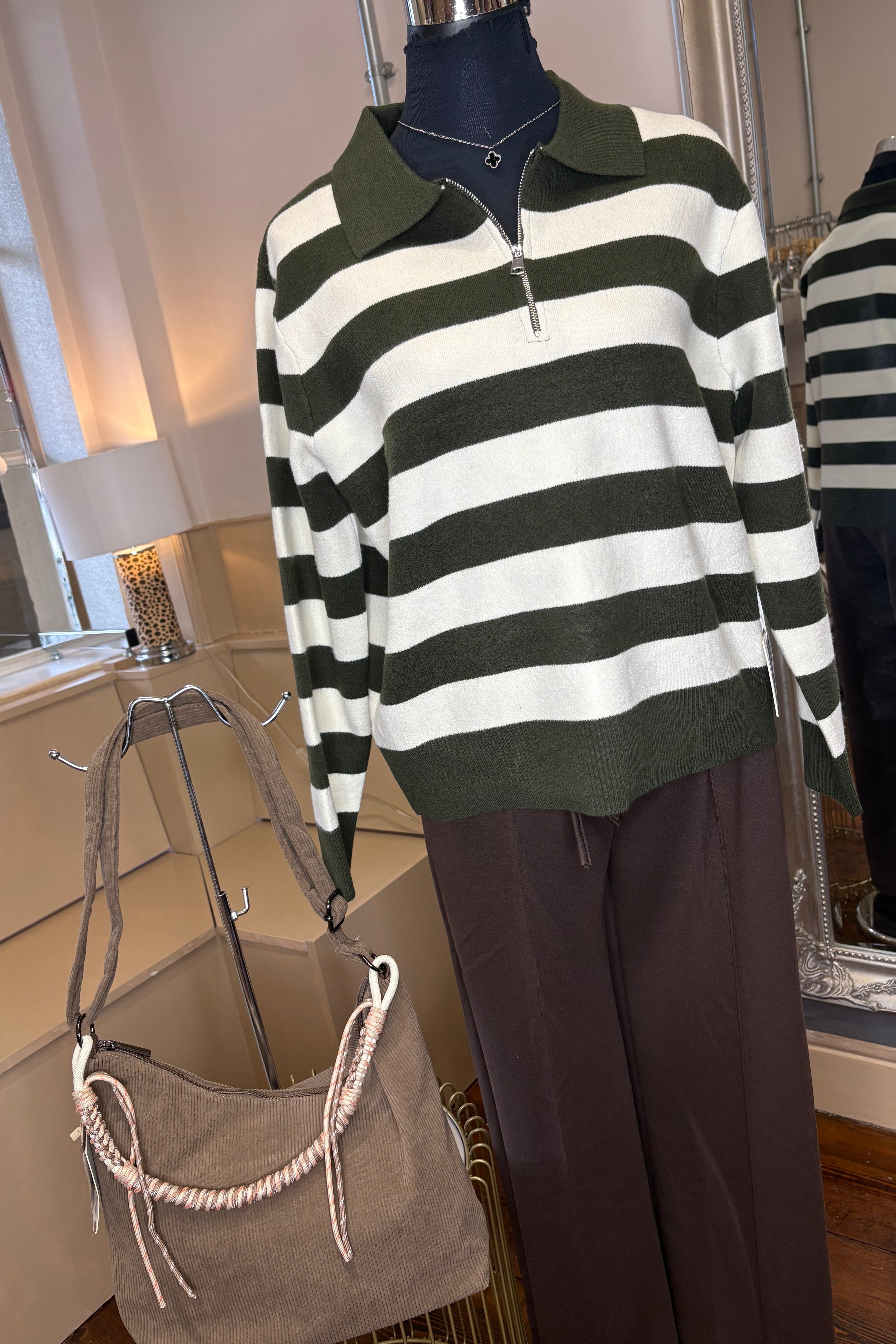 Three Quarter Zip Striped Collared Jumper / Khaki