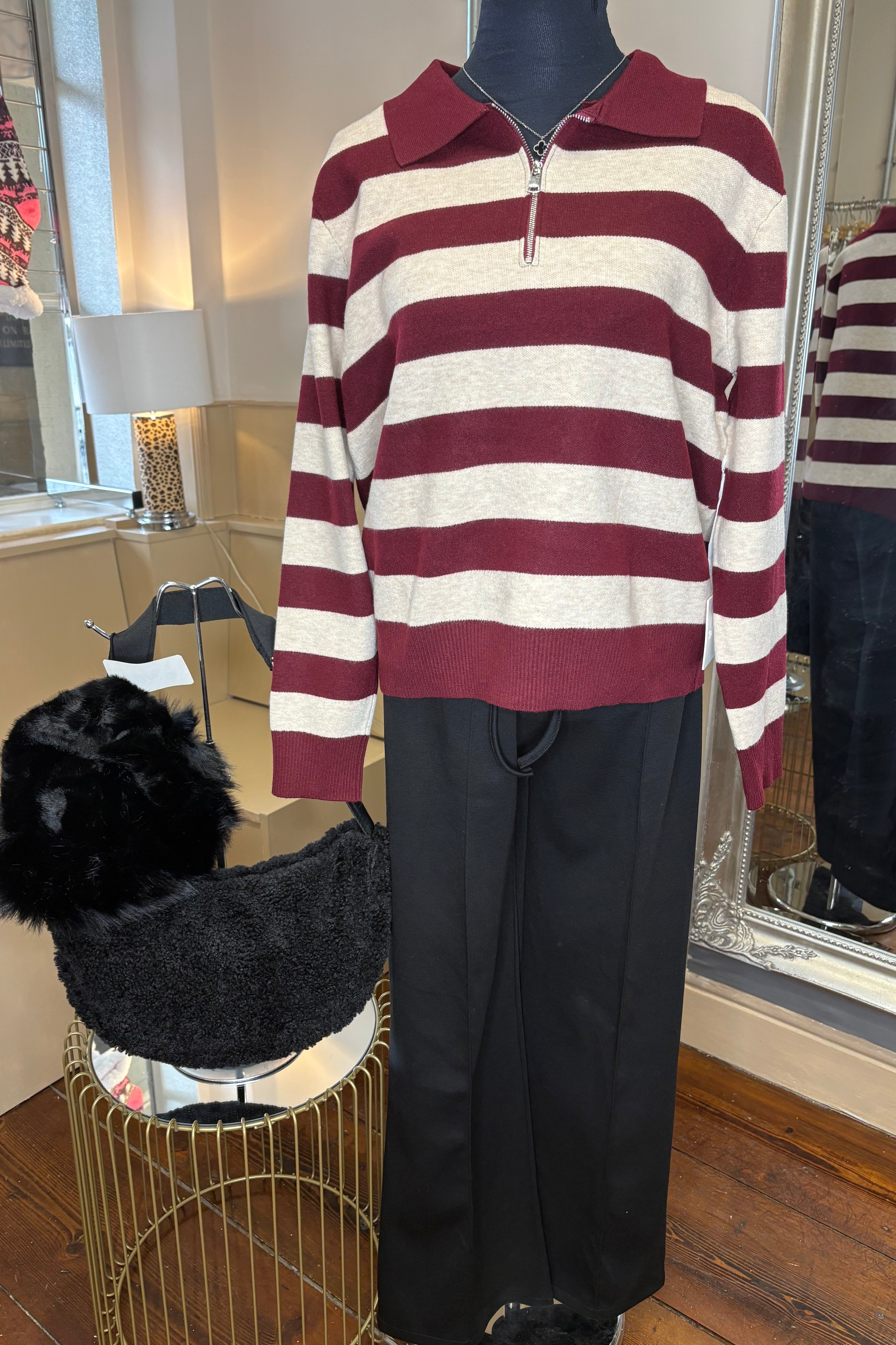 Three Quarter Zip Striped Collared Jumper / Burgundy