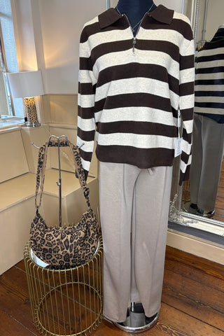 Three Quarter Zip Collared Striped Jumper / Choclate