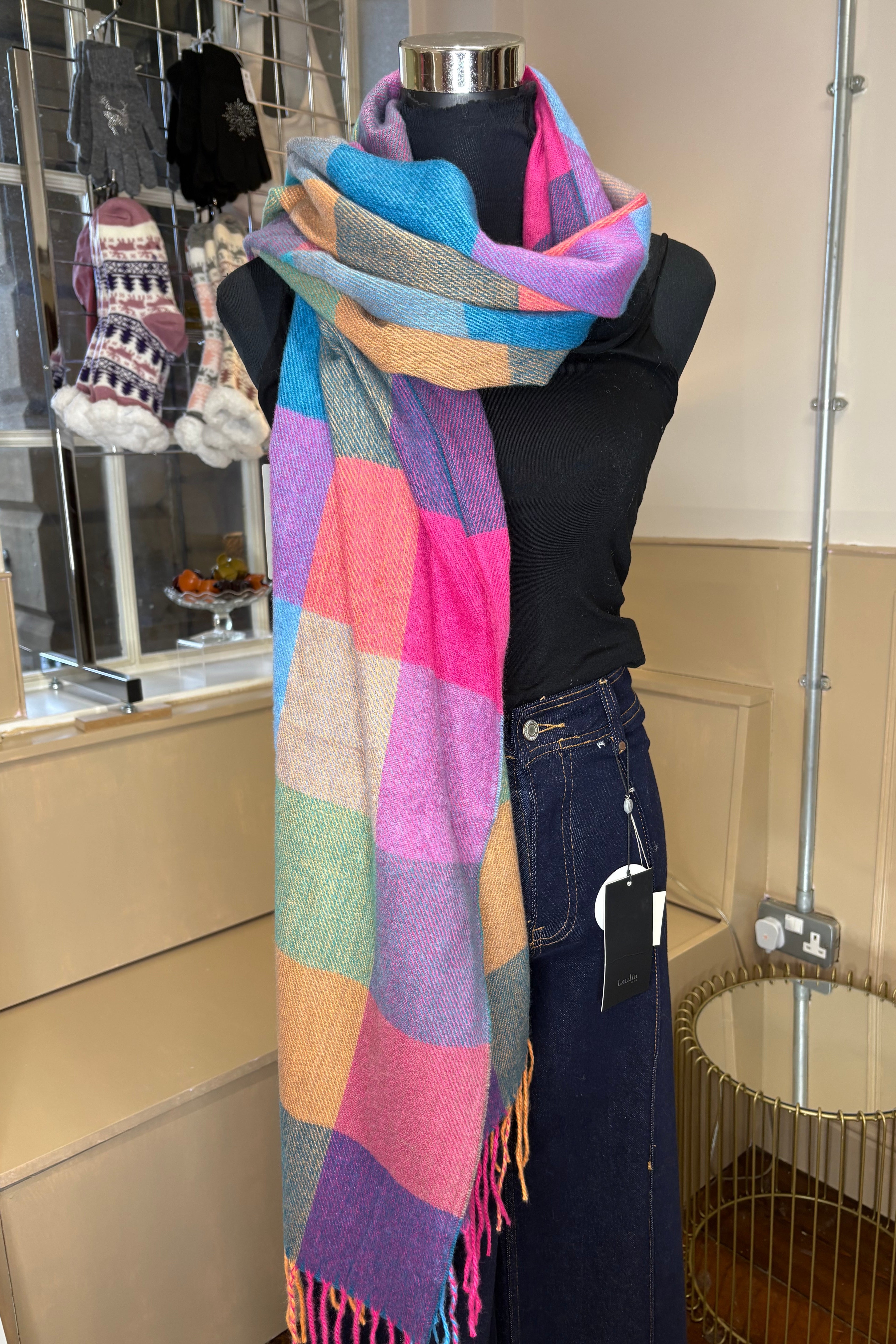 Multi-Colour Checked Scarf - Blue