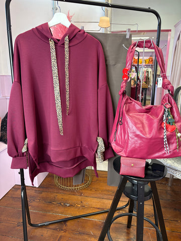 Leopard  Print Ribbon Hoodie > Burgundy