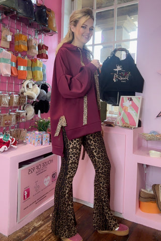 Leopard  Print Ribbon Hoodie > Burgundy