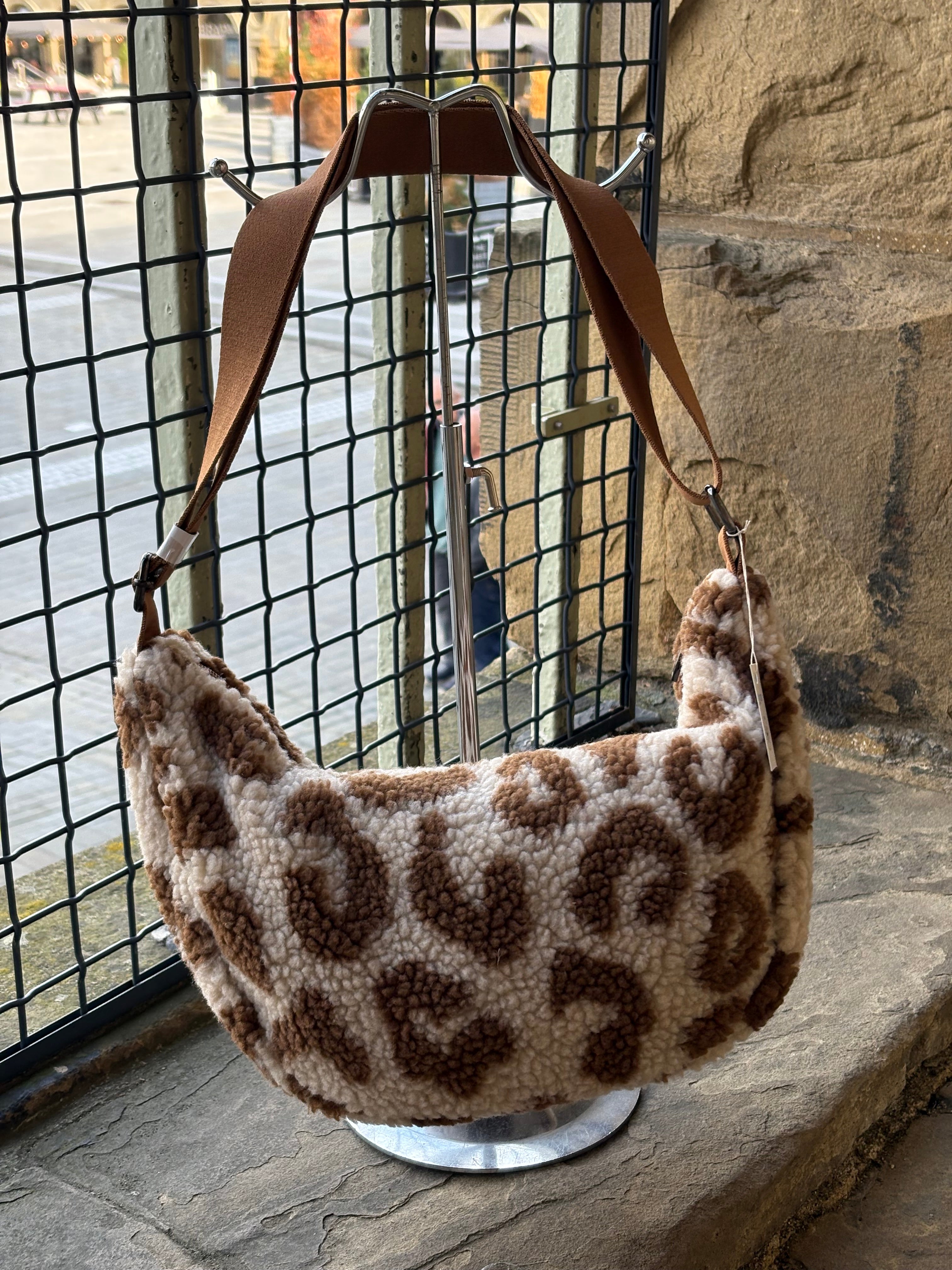 Leopard Print Textured Sling Bag  > Light Beige