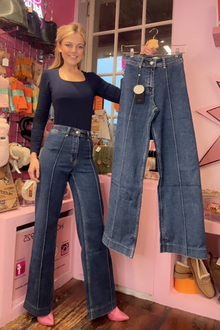 Wide Leg Stretch Jeans > Denim Blue