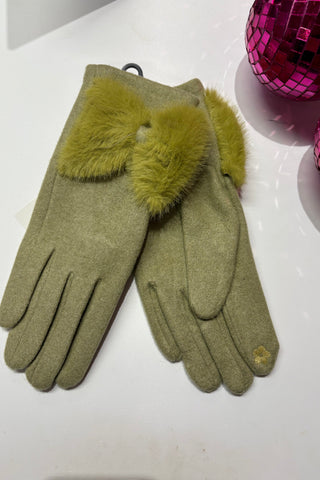 Faux Fur Bow Trim Gloves > Lime