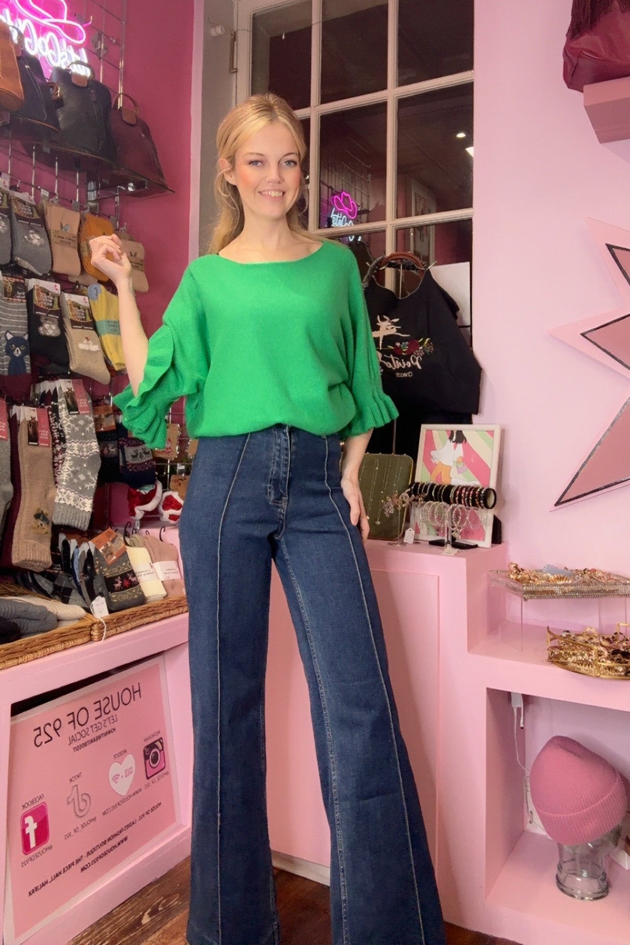 Ruffle Sleeved Soft Knit Jumper > Green