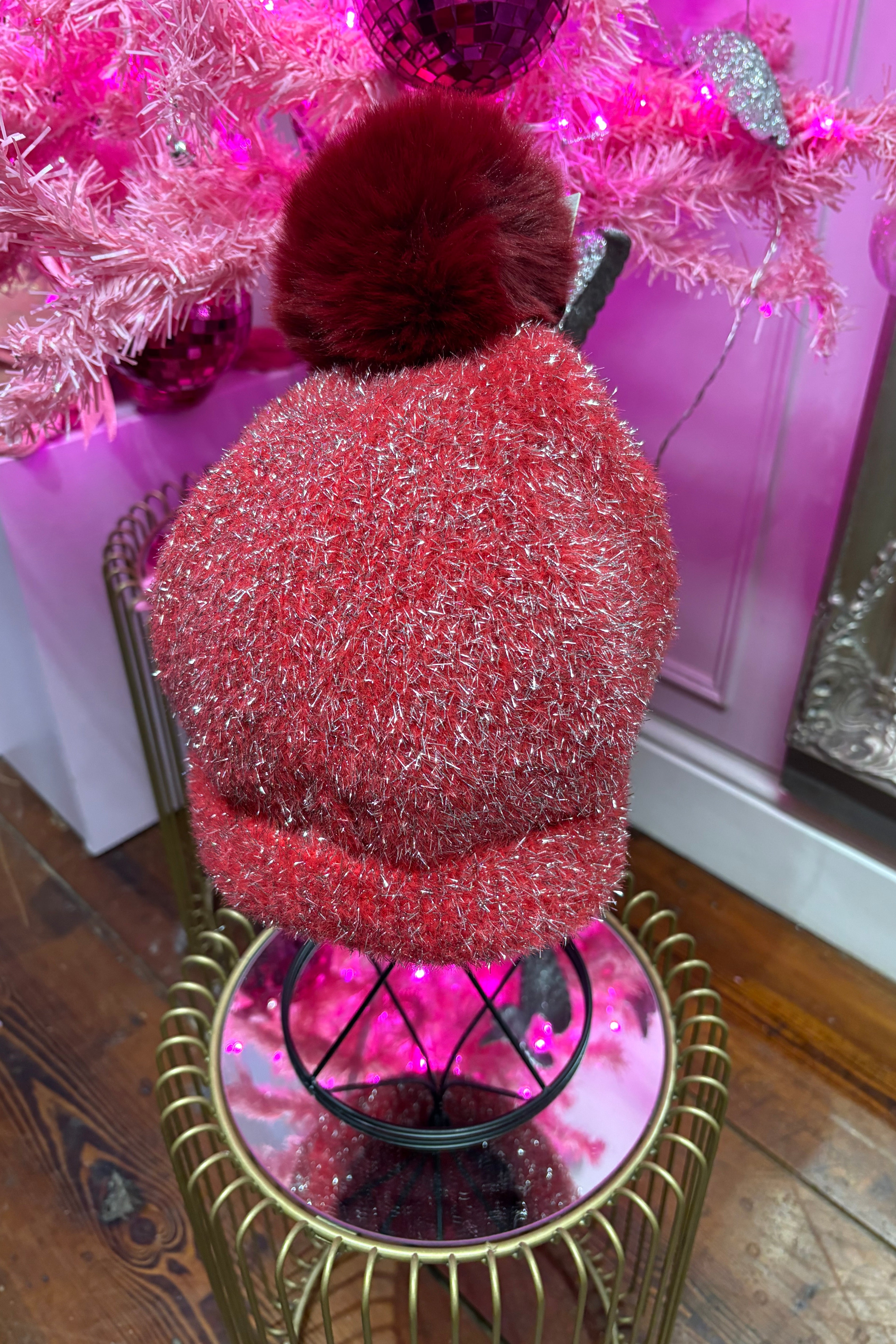 Tinsel Sparkle Pom Pom Hat > Red