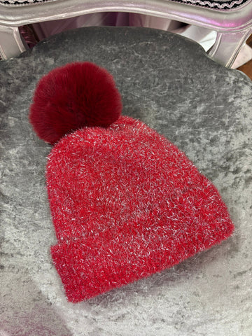 Tinsel Sparkle Pom Pom Hat > Red