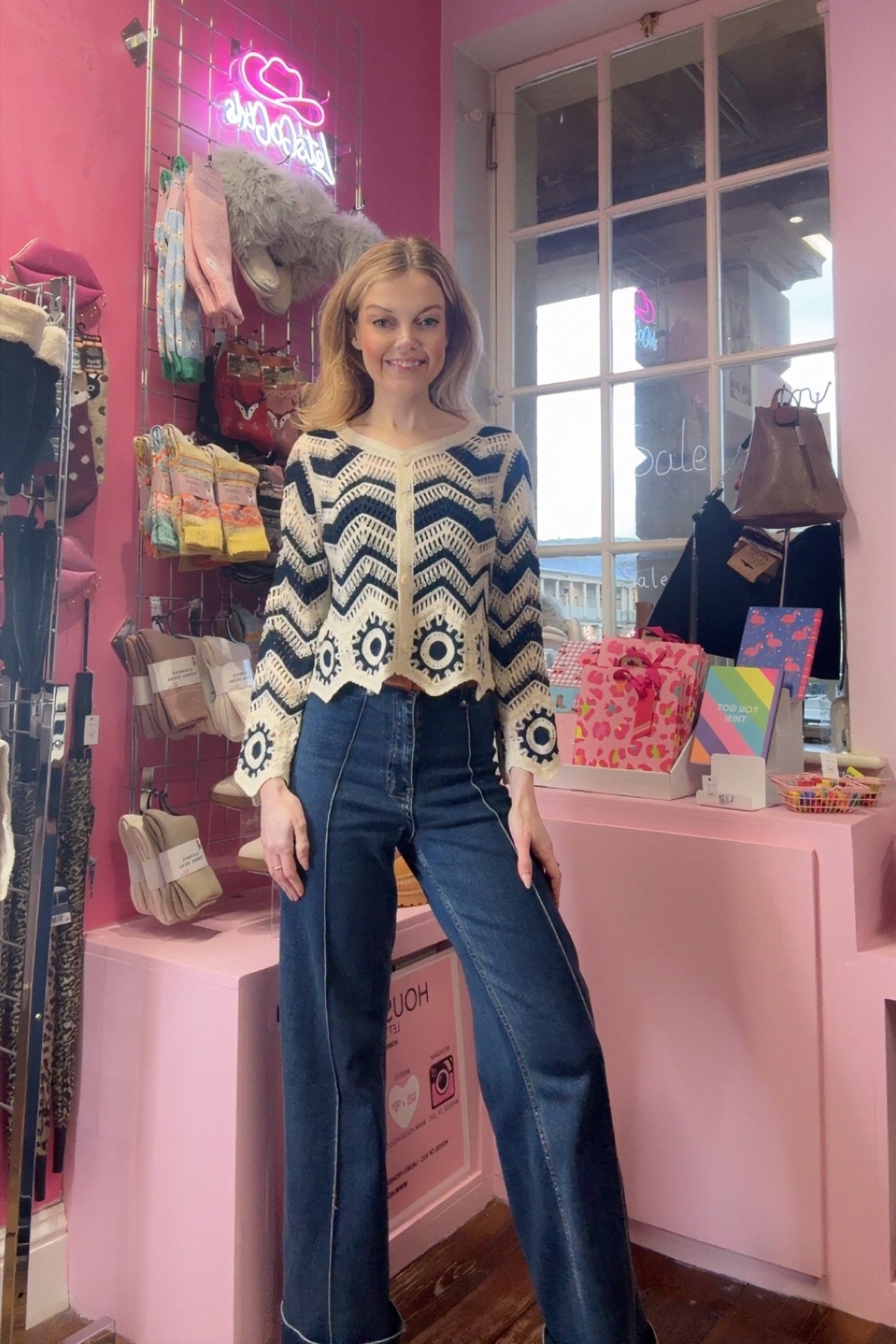 Navy & White Crochet Cardigan