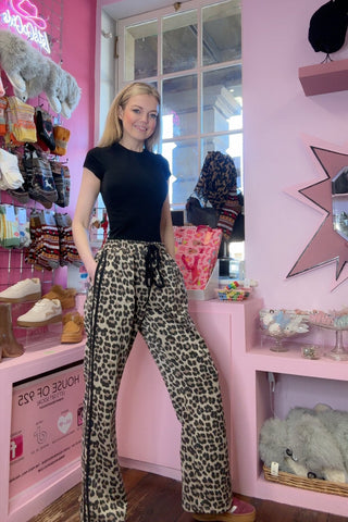 Leopard Print Two Stripe Joggers / Black