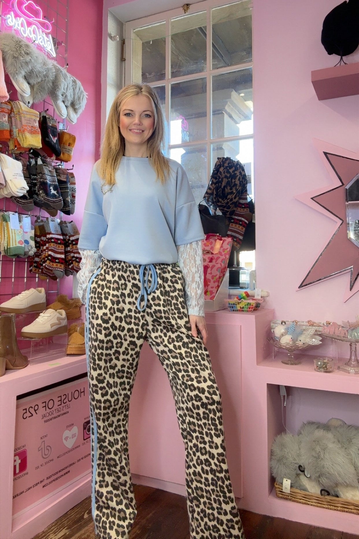 Leopard Print Joggers / Sky Blue