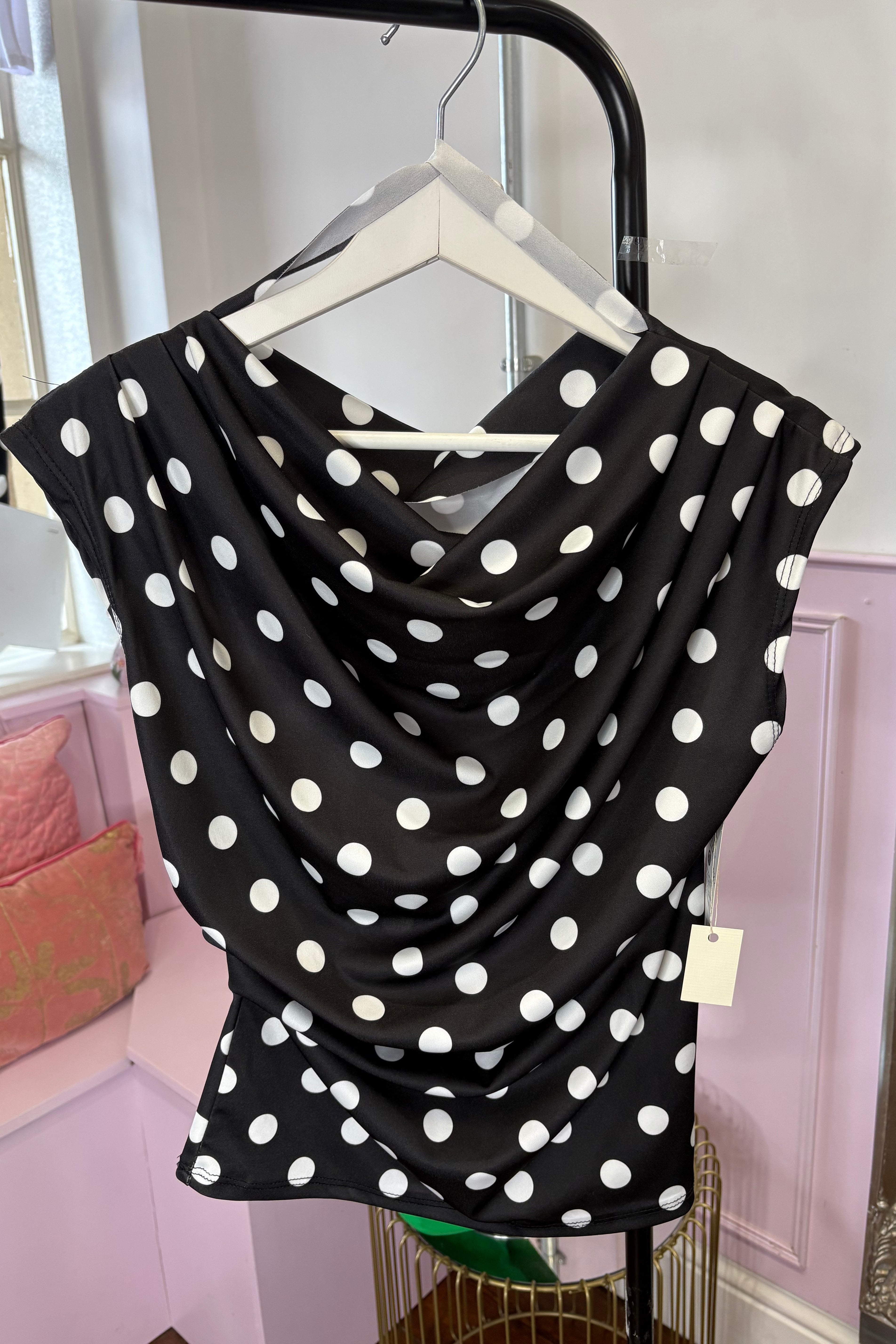 Polka Dot Drape Neck Sleeveless Top