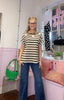 Striped Flower Embellished Top / Khaki