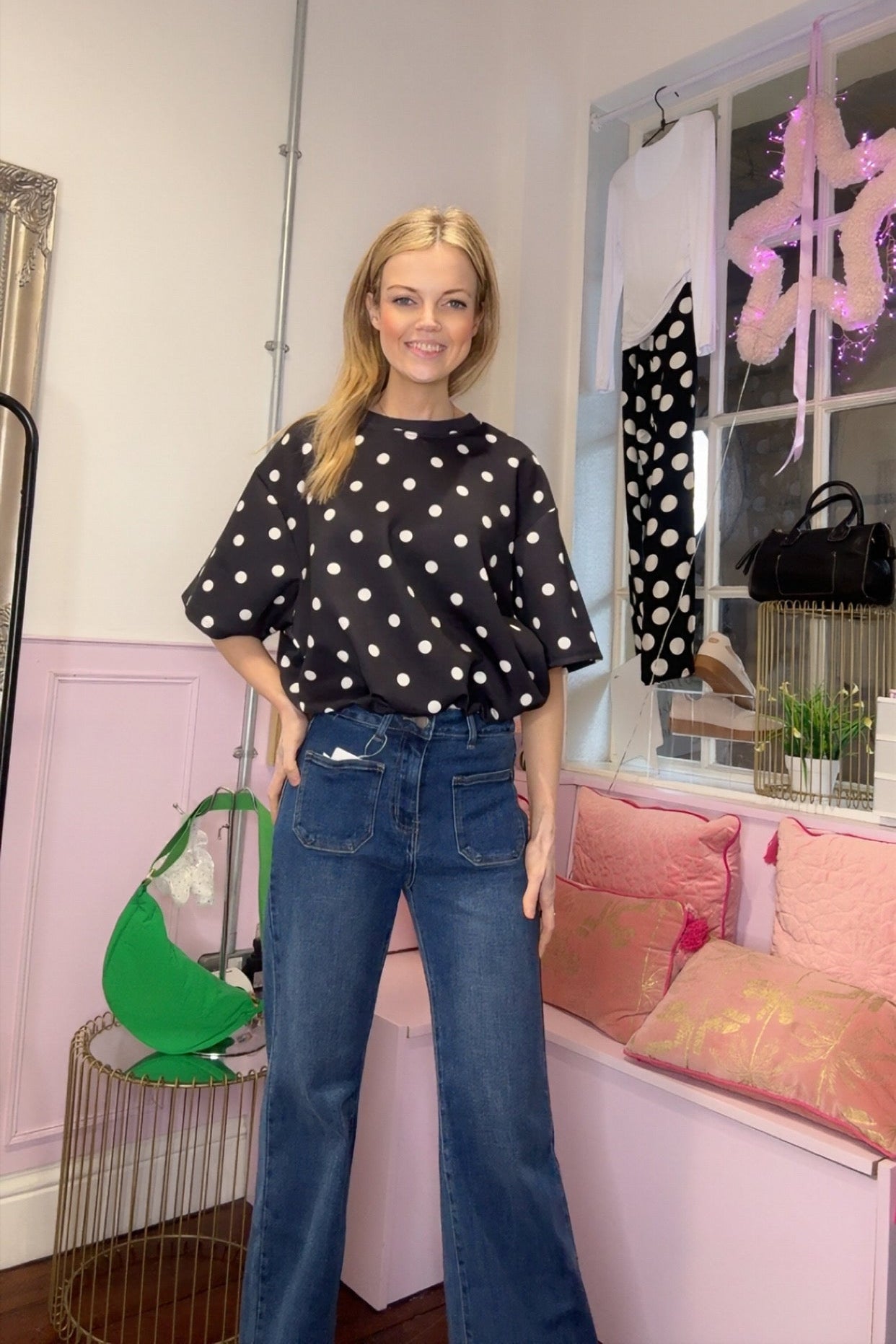 Polka Dot Ruched Top / Black & White