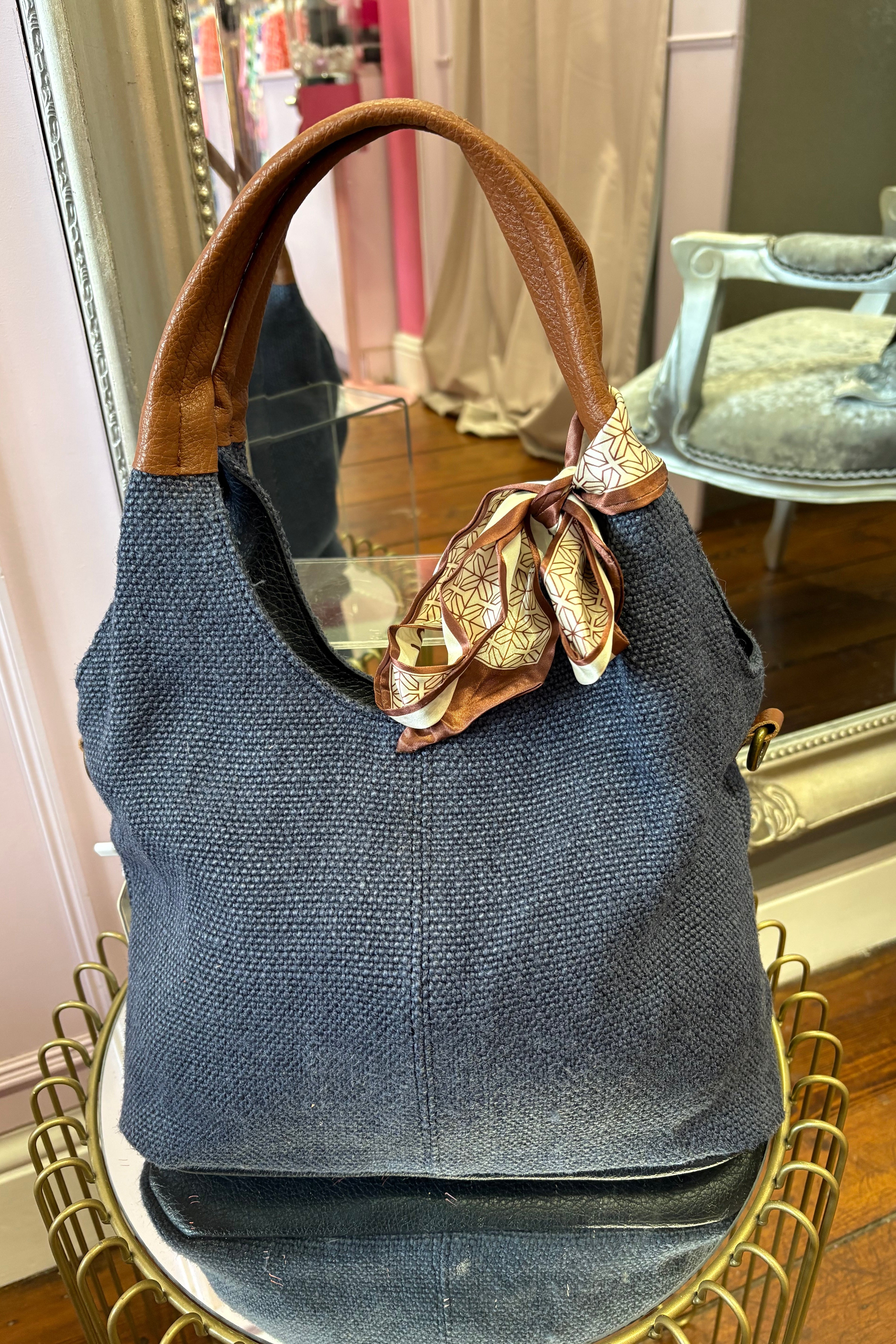 Textured Hessian Shoulder Bag  /Navy