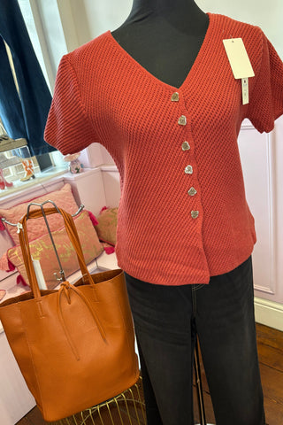 Flower Button Textured Top / Terracotta