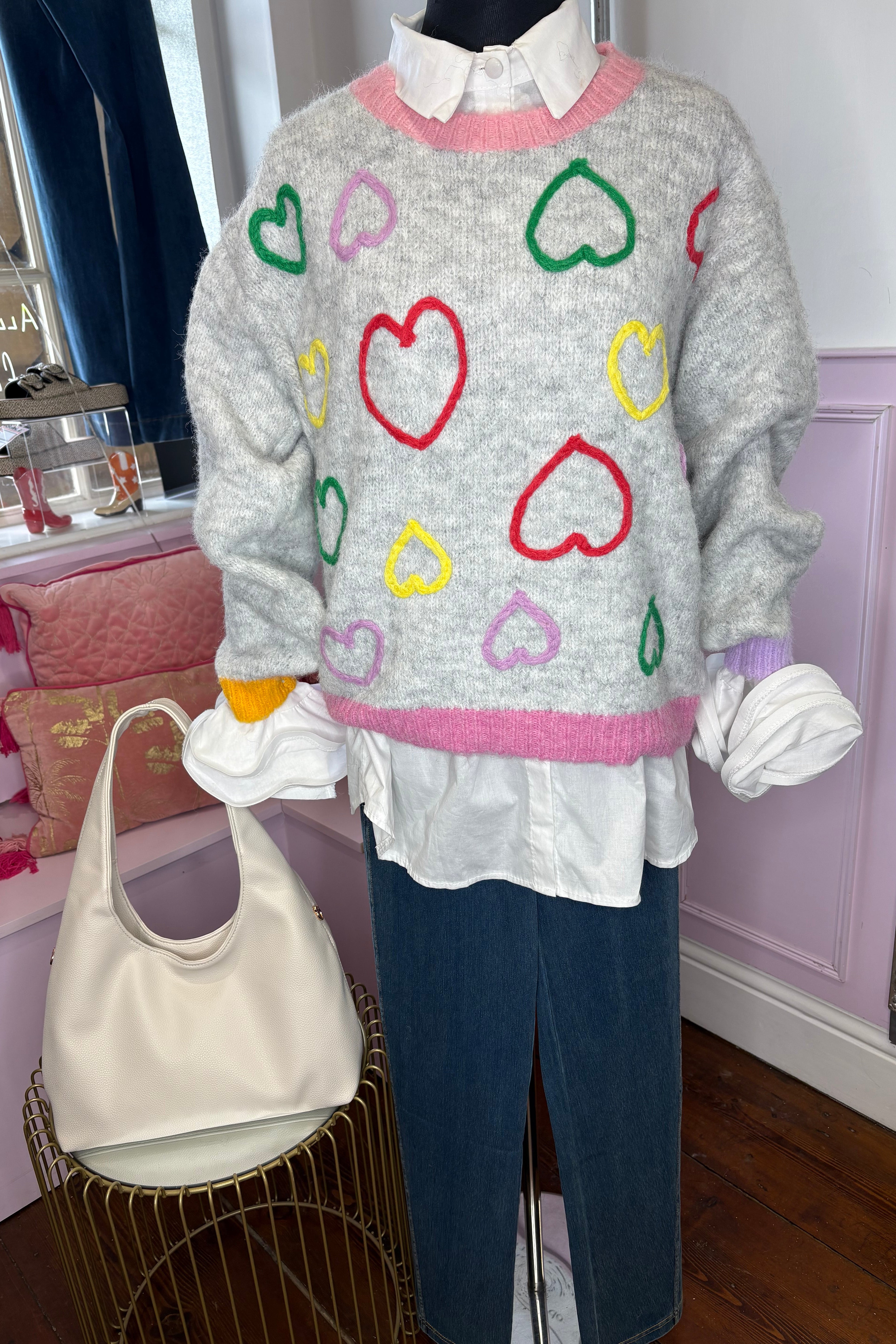 Love Heart Embroidered Jumper / Grey