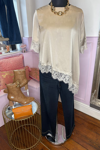 Satin-Style Asymmetrical Lace Top / Champagne